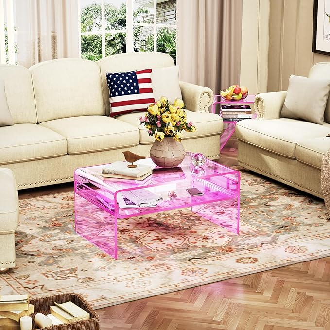 Acrylic Coffee Table for Living Room Clear Rectangle Lucite Table with Open Storage Shelf (1, Pink, Large) - LeafyLoom