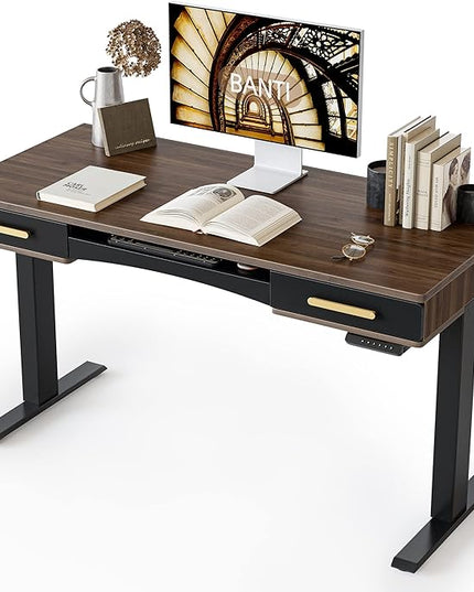 BANTI 55" x 26" Electric Standing Desk, Mid-Century Modern Desk with 3 Drawers, Stand Up Home Office Desks, Vintage Top - LeafyLoom