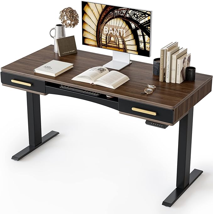 BANTI 55" x 26" Electric Standing Desk, Mid-Century Modern Desk with 3 Drawers, Stand Up Home Office Desks, Vintage Top - LeafyLoom