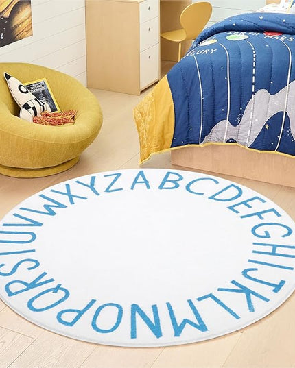 Topotdor Round Kids Play Rug Alphabet Nursery Area Rug Extra Large Soft Crawling Play Mat for Children Toddlers Bedroom (47 inch, Sky Blue/White) - LeafyLoom