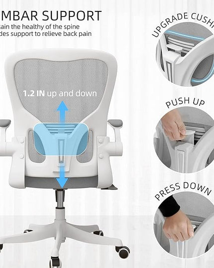 Office Chair - Ergonomic Office Chair with Lumbar Support & Flip Up Arms Home Office Desk Chairs Rockable Swivel High Back Computer Chair White Frame Grey Mesh Study Chair - LeafyLoom