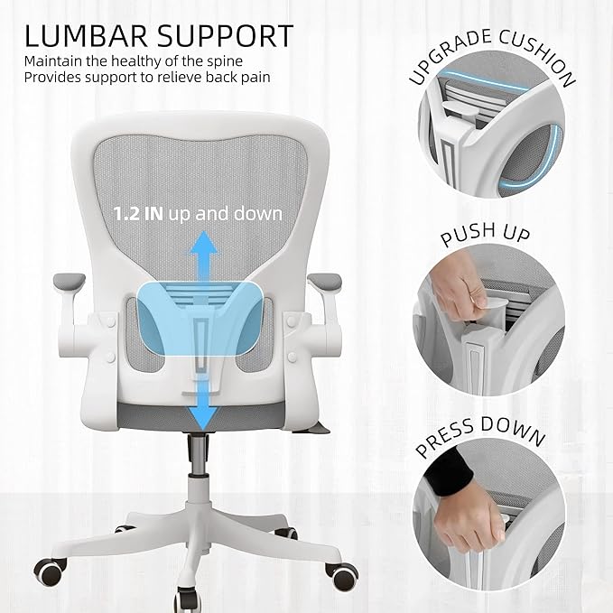 Office Chair - Ergonomic Office Chair with Lumbar Support & Flip Up Arms Home Office Desk Chairs Rockable Swivel High Back Computer Chair White Frame Grey Mesh Study Chair - LeafyLoom