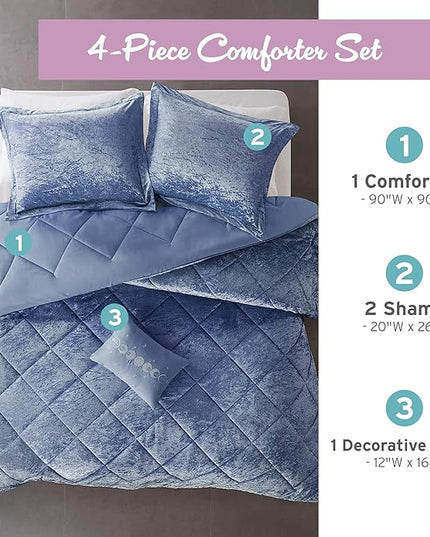 Intelligent Design Queen Comforter Set, Velvet Comforter Set , Luxury Diamond Quilting Comforter Set, Fluffy Comforter Bed Set with Decorative Pillowand 2 Shams, 4 Piece Blue, Full/Queen - LeafyLoom