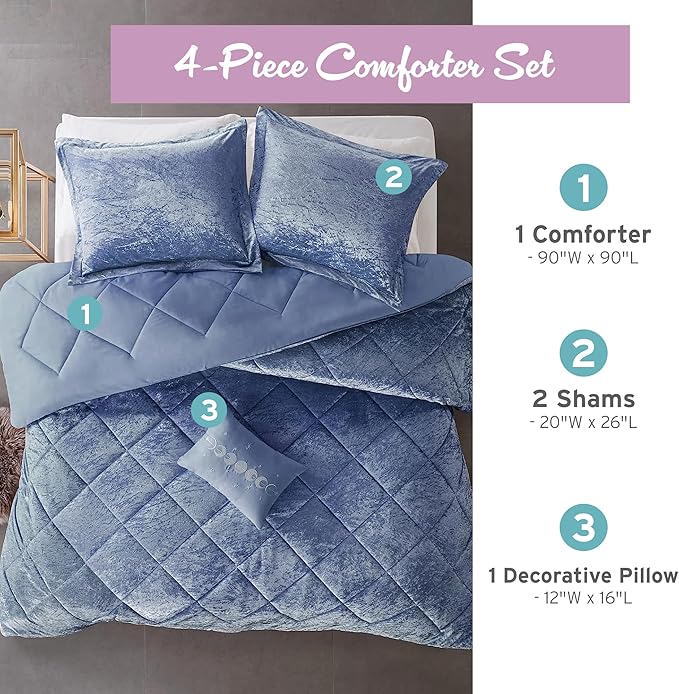 Intelligent Design Queen Comforter Set, Velvet Comforter Set , Luxury Diamond Quilting Comforter Set, Fluffy Comforter Bed Set with Decorative Pillowand 2 Shams, 4 Piece Blue, Full/Queen - LeafyLoom