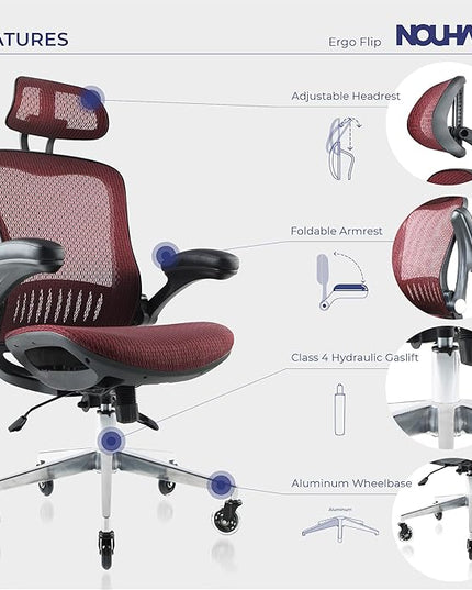 Nouhaus Ergonomic Mesh Office Chair with Flip Armrest, Adjustable Headrest, Lumbar Support & Blade Wheels, Executive Swivel Desk Computer Chair, Gaming Chair(ErgoFlip, Burgundy) - LeafyLoom