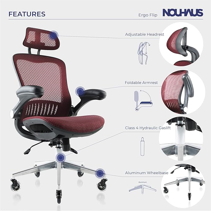 Nouhaus Ergonomic Mesh Office Chair with Flip Armrest, Adjustable Headrest, Lumbar Support & Blade Wheels, Executive Swivel Desk Computer Chair, Gaming Chair(ErgoFlip, Burgundy) - LeafyLoom