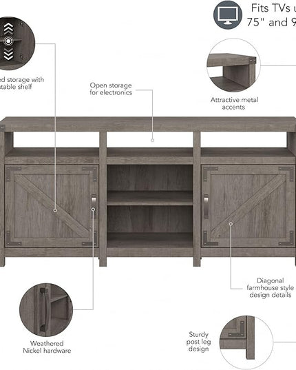 Bush Furniture Knoxville Farmhouse Stand for 75 Inch TV, Living Room Media Console with Storage, 65W, Restored Gray - LeafyLoom