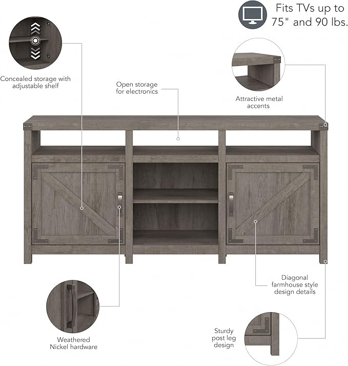 Bush Furniture Knoxville Farmhouse Stand for 75 Inch TV, Living Room Media Console with Storage, 65W, Restored Gray - LeafyLoom