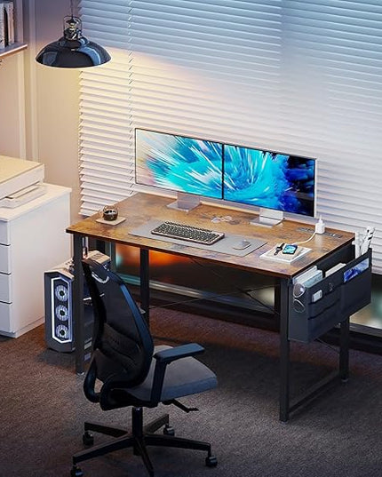 KKL Small Desk with Power Outlets and USB Port Computer Desk for Home Office Gaming Simple Modern Style Writing Desks with Storage Bag Headphone Hook, 40 inch, Rustic Brown - LeafyLoom