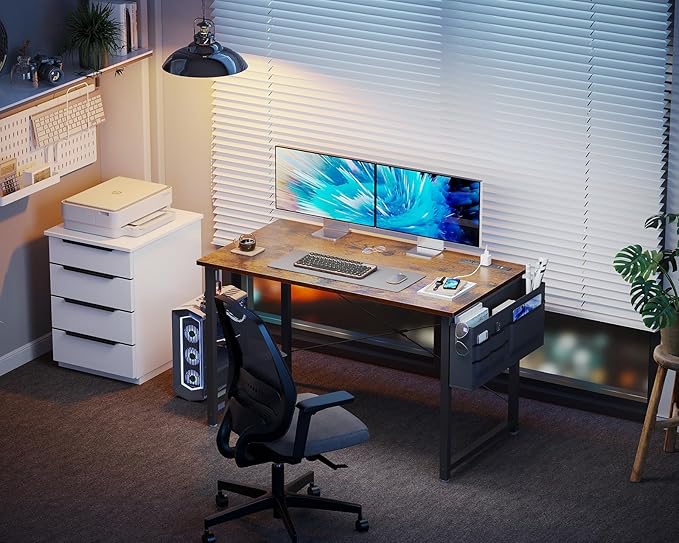 KKL Small Desk with Power Outlets and USB Port Computer Desk for Home Office Gaming Simple Modern Style Writing Desks with Storage Bag Headphone Hook, 40 inch, Rustic Brown - LeafyLoom