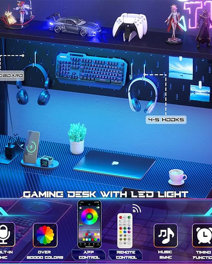 Homieasy Small Gaming Desk with Power Outlets Pegboard LED Light, 51 Inch L Shaped Computer Desk with Monitor Stand Storage Shelves, Reversible Corner Desk with Headset Hooks, Carbon Fiber Black - LeafyLoom