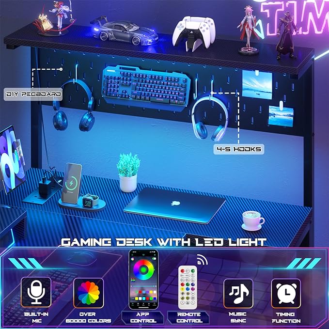 Homieasy Small Gaming Desk with Power Outlets Pegboard LED Light, 51 Inch L Shaped Computer Desk with Monitor Stand Storage Shelves, Reversible Corner Desk with Headset Hooks, Carbon Fiber Black - LeafyLoom