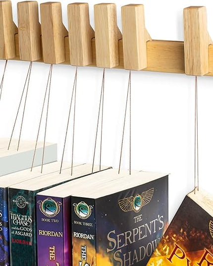 Floating Wall Bookshelf - Wall Mounted Book Organizer with Included Bookmarks - Hardwood Hanging Bookshelf for Bedroom, Living Room, or Kitchen - A Thoughtful Gift for Book Lovers (Natural) - LeafyLoom