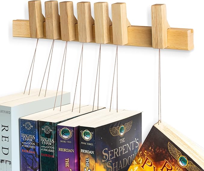 Floating Wall Bookshelf - Wall Mounted Book Organizer with Included Bookmarks - Hardwood Hanging Bookshelf for Bedroom, Living Room, or Kitchen - A Thoughtful Gift for Book Lovers (Natural) - LeafyLoom