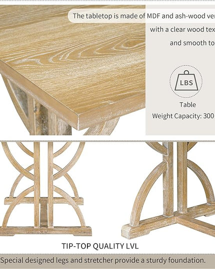 6-Piece Retro Style Rectangular Dining Table Set with Unique Legs and 4 Upholstered Chairs & 1 Bench for Kitchen, Breakfast Nook, Living Room, Natural Wood Wash, 59.8" L x 35.8" W x 30" H - LeafyLoom