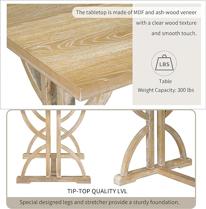 6-Piece Retro Dining Table Set with Unique Legs and 4 Upholstered Button-Tufting Back Chairs & 1 Bench for Kitchen Furniture, Natural Wood Wash, 59.8" L x 35.8" W x 30" H - LeafyLoom