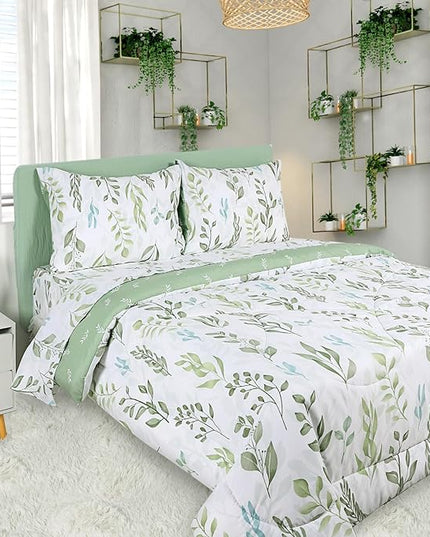 DILIMI Full Size Comforter Set for Girls, 5 Pieces Reversible Comforter Full Size, Ultra Soft Green Leaf Full Size Bed Comforter Sets with Sheet, Comforter, Flat Sheet, 2 Pillowcase - LeafyLoom