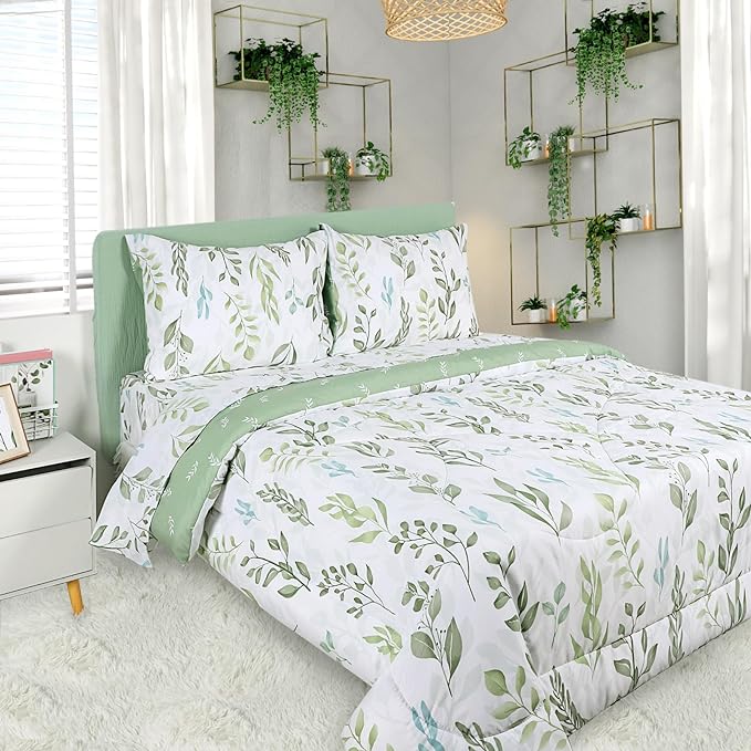DILIMI Full Size Comforter Set for Girls, 5 Pieces Reversible Comforter Full Size, Ultra Soft Green Leaf Full Size Bed Comforter Sets with Sheet, Comforter, Flat Sheet, 2 Pillowcase - LeafyLoom