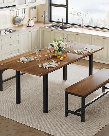 Feonase 63" Dining Table Set for 4-6, Extendable Dining Room Table with 2 Benches, 3 Pcs Kitchen Table for Small Space, Easy Clean, Walnut - LeafyLoom