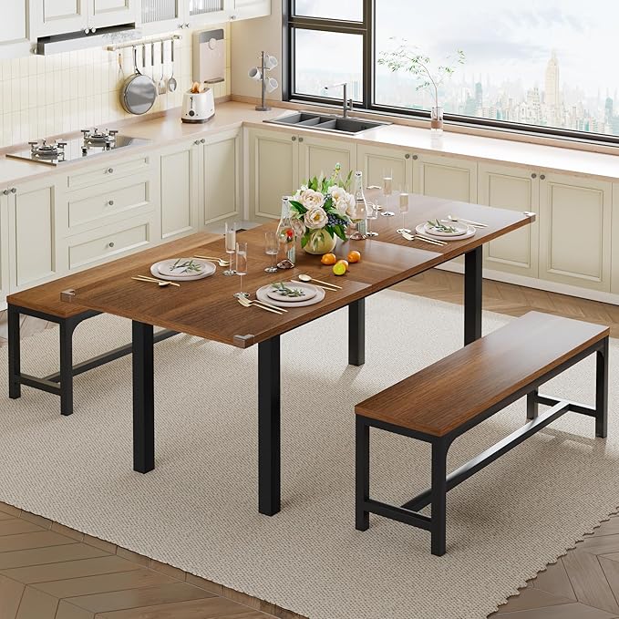 Feonase 63" Dining Table Set for 4-6, Extendable Dining Room Table with 2 Benches, 3 Pcs Kitchen Table for Small Space, Easy Clean, Walnut - LeafyLoom