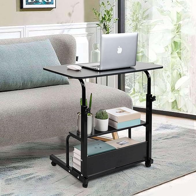 Home Office Rolling Desk Small Spaces Sofa Bedroom Bedside Adjustable Table Student Computer Wall Desk Portable Learn Play Game Desk on Wheels Movable with Storage Size 31.5 * 15.7 Inch Black C - LeafyLoom