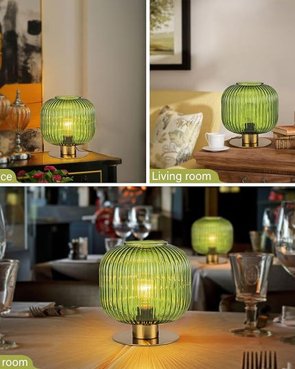 Small Table Lamp Elegant Green Glass Bedside Lamp with Ribbed Glass Shade Decorative End Table Lamp for Bedroom Tabletop Corner Shelf (Green) - LeafyLoom