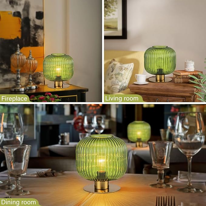 Small Table Lamp Elegant Green Glass Bedside Lamp with Ribbed Glass Shade Decorative End Table Lamp for Bedroom Tabletop Corner Shelf (Green) - LeafyLoom