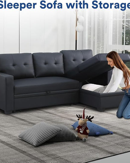 4-in-1 Convertible L Shaped Couch with Pull Out Bed and Storage Sectional Sleeper Sofa with Reversible Chaise for Living Room, Apartment, Bedroom, Office, Jet Black - LeafyLoom