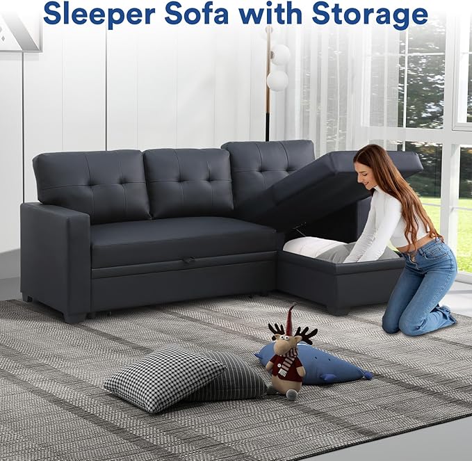 4-in-1 Convertible L Shaped Couch with Pull Out Bed and Storage Sectional Sleeper Sofa with Reversible Chaise for Living Room, Apartment, Bedroom, Office, Jet Black - LeafyLoom