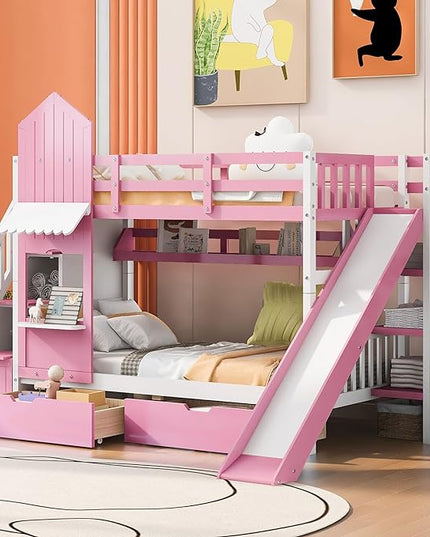 Twin Over Twin Castle Bunk Bed with Slide, Stairs Storage, Drawers and Shelves, Multifunctional Wood Bunkbeds w/Staircase, for Kids/Teens/Boys/Girls Bedroom, Pink - LeafyLoom