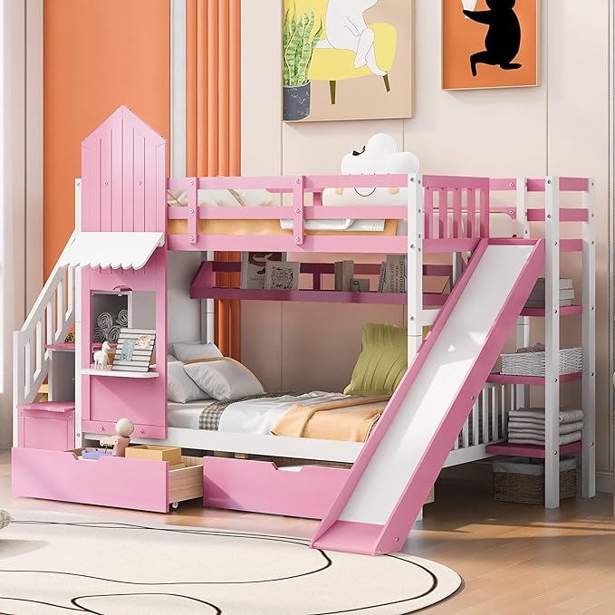 Twin Over Twin Castle Bunk Bed with Slide, Stairs Storage, Drawers and Shelves, Multifunctional Wood Bunkbeds w/Staircase, for Kids/Teens/Boys/Girls Bedroom, Pink - LeafyLoom