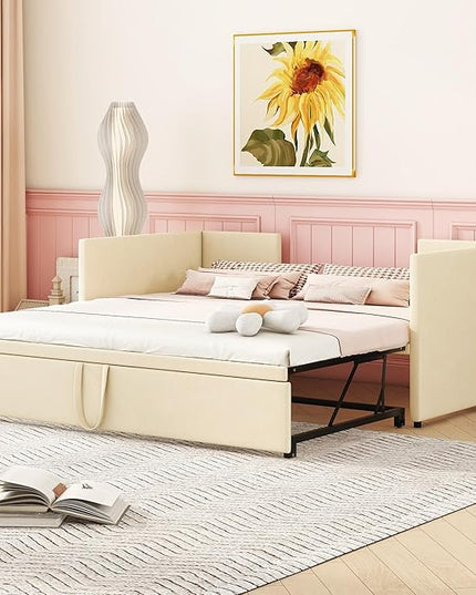 Bellemave Twin Size Upholstered Daybed with Pop up Trundle,Velvet Twin Daybed Frame,Twin to King Daybed,Day bed with Trundle Bed Twin,Tufted Sofa Bed Daybed,Bedroom,Living Room,Guest Room(Beige) - LeafyLoom