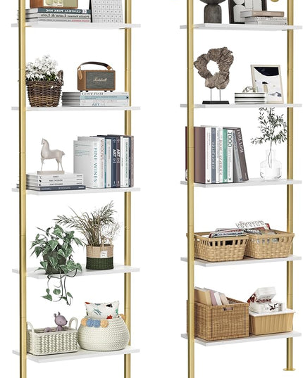 5-Tier Bookshelf Solid Wood Ladder Shelf, Narrow Book shelf Set of 2, Wooden Ladder Shelf Bookcase, Wall Mount Ladder Shelf, Storage Rack for Living Room, Bedroom, Bathroom, White and Gold - LeafyLoom