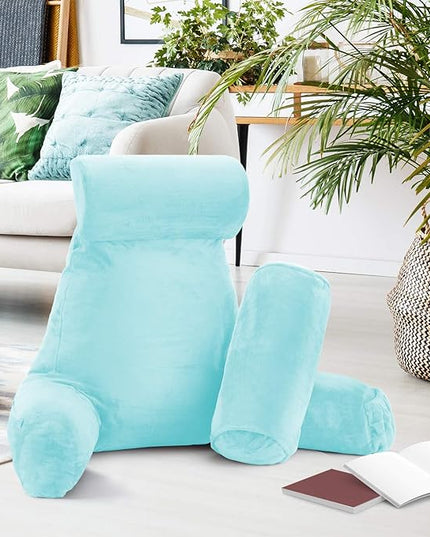 Clara Clark Reading Pillow, Large Back Pillow for Sitting Up in Bed, Memory Foam Back Support Pillow, Reading Pillows for Sitting in Bed Adult, Light Blue Sit Up Pillow for Bed with Arms and Pockets - LeafyLoom