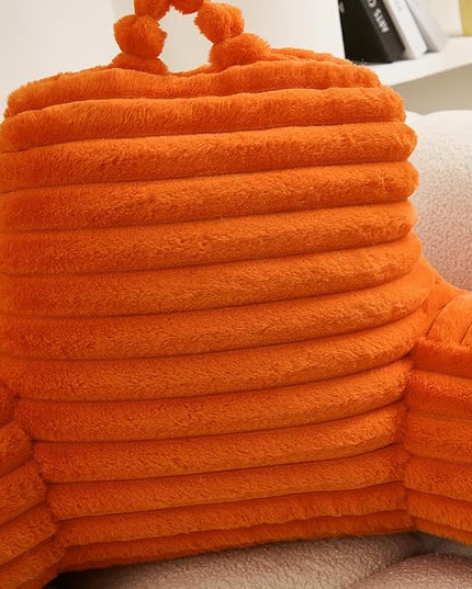 WERDIM Reading Pillow for Sitting in Bed, Faux Fur Back Pillow for Bed Rest, Bed Chair Pillow with Arms and Pockets(Large, Orange) - LeafyLoom