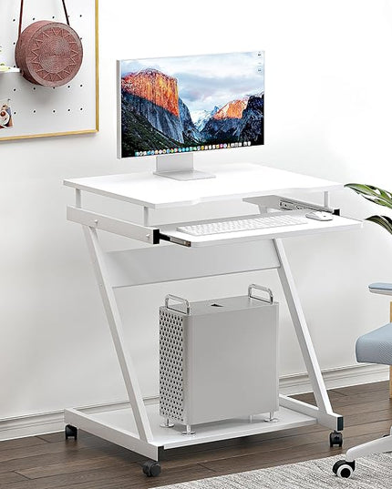 sogesfurniture Mobile Computer Desk Small Rolling Office Table Workstation with Printer Shelf and Keyboard Tray, Space-Saving Computer Desk with Storage Shelf for Home and Office (White) - LeafyLoom