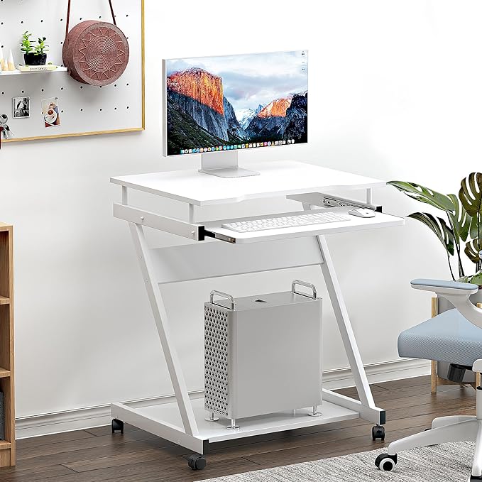 sogesfurniture Mobile Computer Desk Small Rolling Office Table Workstation with Printer Shelf and Keyboard Tray, Space-Saving Computer Desk with Storage Shelf for Home and Office (White) - LeafyLoom