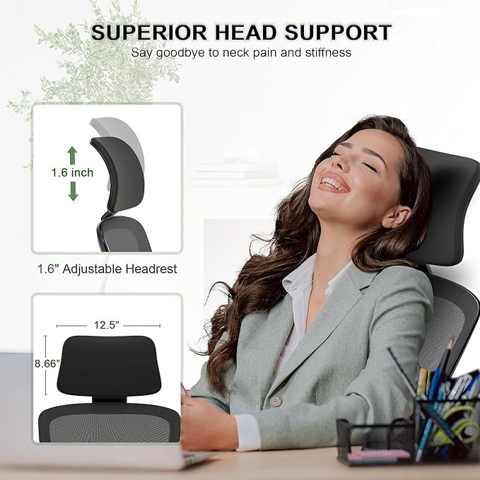 Mimoglad Home Office Chair, Ergonomic Desk Chair with Adjustable Lumbar Support, High Back Computer Chair- Adjustable Headrest with Flip-Up Arms, Swivel Task Chair for Home Office (Black) - LeafyLoom