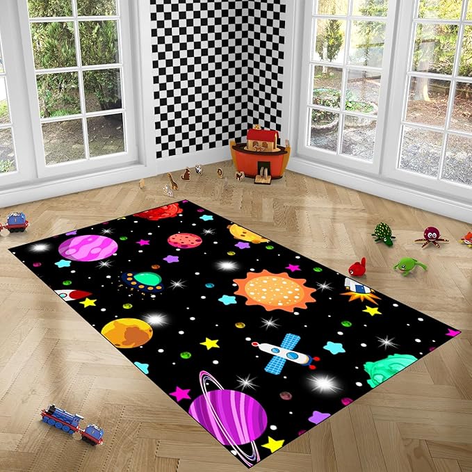 Space Rug-Space Rug for Boys Room Solar System Rug Planet Carpet for Kids Outer Space Area Rug Bedroom Boys Kids Rugs for Playroom Boys Bedroom,Black,3'×5' - LeafyLoom