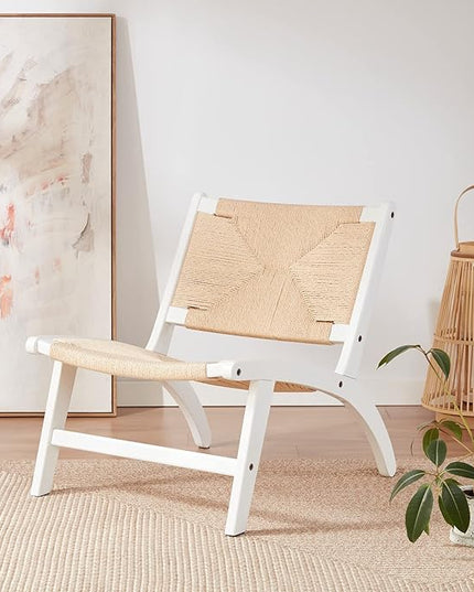 Modern Boho Accent Chairs for Living Room,Mid Century Accent Chair,Side Chair Indoor Scandinavian Cognac Natural Wood Beech Braided Jute Woven Weave Paper Rope Seat - LeafyLoom