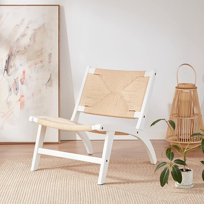 Modern Boho Accent Chairs for Living Room,Mid Century Accent Chair,Side Chair Indoor Scandinavian Cognac Natural Wood Beech Braided Jute Woven Weave Paper Rope Seat - LeafyLoom