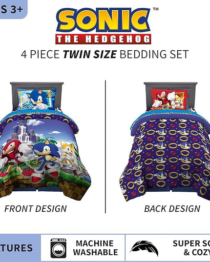 Franco Kids Bedding Super Soft Comforter and Sheet Set, 4 Piece Twin Size, Sonic The Hedgehog, Anime - LeafyLoom