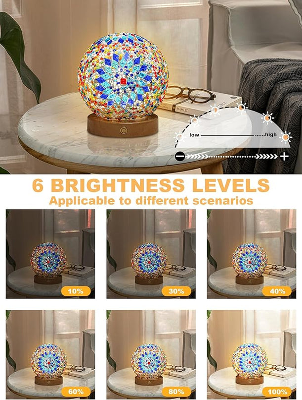 Turkish Table lamp,Bedside Lamps with Wooden Base,Bohemian Tiffany Style Bedroom Lamps,Mosaic Glass Retro Home Decor,Moroccan Lantern for Living Room,Office,Halloween Decorations(Blue) - LeafyLoom