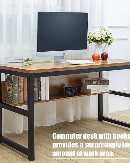 TOPSKY Computer Desk with Bookshelf/Metal Hole Cable Cover 1.18" Thick Desk (55", Oak Brown) - LeafyLoom