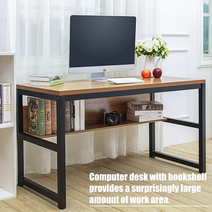 TOPSKY Computer Desk with Bookshelf/Metal Hole Cable Cover 1.18" Thick Desk (55", Oak Brown) - LeafyLoom