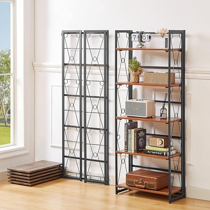 VECELO Folding Bookshelf, 5-Tier Bookcase Foldable, Industrial Tall Book Shelf Storage Organizer with Collapsible Metal Frame for Living Room/Home Office,Light Brown,1 Set - LeafyLoom
