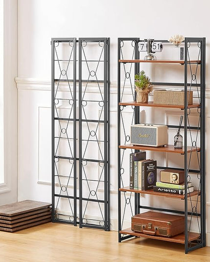 VECELO Folding Bookshelf,5 Tier Bookcase Foldable Easy Assembly, Industrial Book Shelf Storage Organizer with X Metal Frame and Anti-Toppling Design,1 Set - LeafyLoom