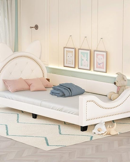 Twin Size Upholstered Daybed, Wooden Low Platform Bed Frame with Carton Ears Shaped Headboard, Rails for Kids Girls Boys, White - LeafyLoom
