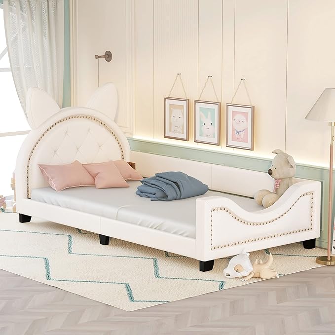 Twin Size Upholstered Daybed, Wooden Low Platform Bed Frame with Carton Ears Shaped Headboard, Rails for Kids Girls Boys, White - LeafyLoom