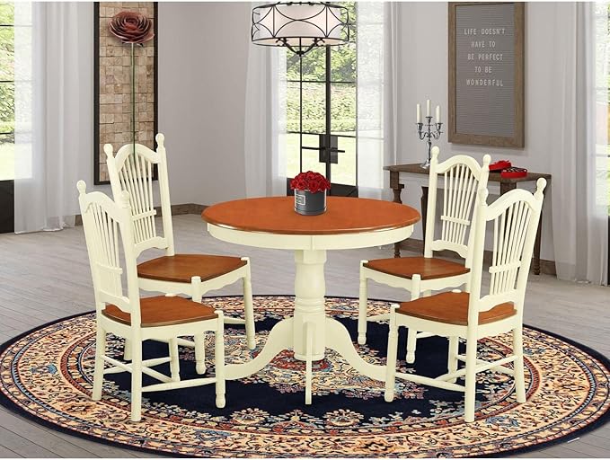 East West Furniture ANDO5-WHI-W Antique 5 Piece Room Furniture Set Includes a Round Kitchen Table with Pedestal and 4 Dining Chairs, 36x36 Inch - LeafyLoom